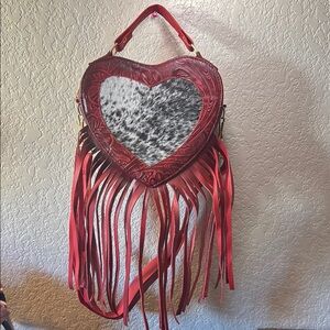 NEW Western handmade leather cowhide fringe Red Heart crossbody Bag